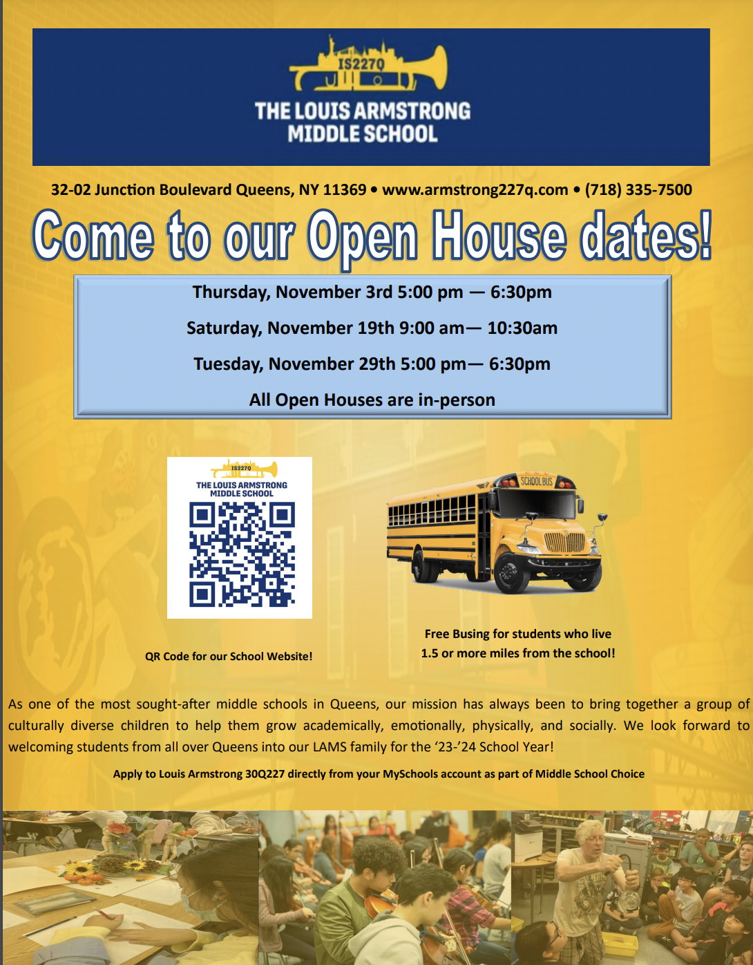 Open House flyer with school bus image.